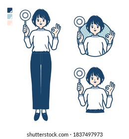 A young woman in a Knit sweater with Put out a circle panel image.
It's vector art so it's easy to edit.
