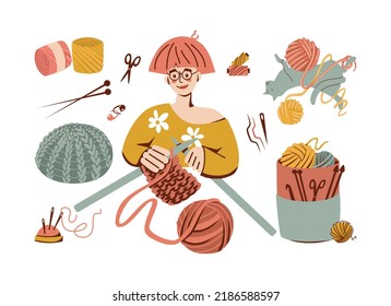  Young woman knits with large knitting needles. Knitting accessories set - yarn, hook, needle holder, scissors set. Cat is playing with balls of thread. Vector organic flat illustration.