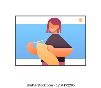 young woman knits in web browser window online hobby courses for learning knitting concept portrait horizontal vector illustration