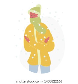 Young Woman in Knitted Hat and Scarf Wrapping Up to Warm Winter Coat, Strong Snowfall and Freeze Isolated on White Background. Character City Dweller at Cold Weather. Cartoon Flat Vector Illustration