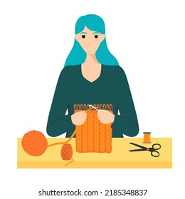 Young woman with knitting hobby vector flat illustration. Warm handmade clothes. Knitting needle and wool ball. Handmade concept. Relaxing hobby time.