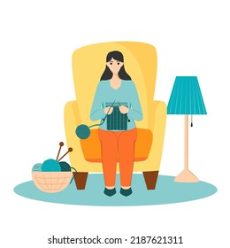Young woman with knitting hobby vector flat illustration. Warm handmade clothes. Knitting needle and wool ball. Handmade concept. Relaxing hobby time.