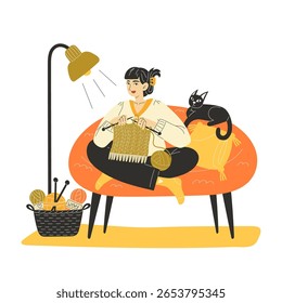 Jovem mulher tricô com agulhas em um sofá acolhedor com gato e fio cesta Ilustração plana
