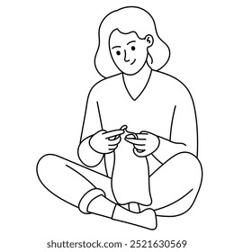 Young woman knitting scarf illustration vector