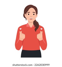 Young woman with Korean love sign. "Finger Heart" gesture. Love concept. Flat vector illustration isolated on white background