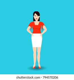 Young Woman Korean Wearing Casual Clothes Standing Hold Hands On Weist Full Length Isolated On Blue Background Flat Vector Illustration