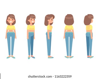 Young woman l Front, side, back, 3/4 view animated character. Flat vector.