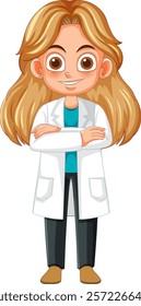 Young woman in lab coat, arms crossed