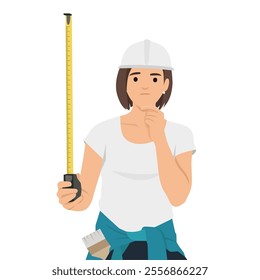 Young woman laborer or construction worker holding measure tape wearing protective hat. Flat vector illustration isolated on white background
