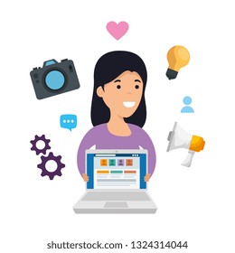 young woman with laptop and business icons