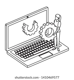 young woman with laptop computer and gear settings