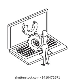 young woman with laptop computer and gear settings