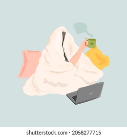 Young woman with laptop, cup of coffee or tea sitting under cozy puffy blanket with pillows at home. Relaxation, self isolation, coziness concept. Hand drawn colored trendy Vector illustration