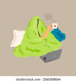 Young woman with laptop, cup of coffee or tea sitting under cozy puffy blanket with pillows at home. Relaxation, self isolation, coziness concept. Hand drawn colored trendy Vector illustration