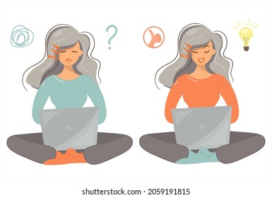 Young woman with laptop. The daily life of a freelance student. The girl faced a problem and solved it. Difficult questions, a tangle of thoughts and an idea in the form of a light bulb. Vector, flat