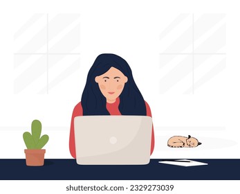 Young woman with laptop is engaged in online education. Teacher and online consultations. Freelancer woman sitting with laptop and working. Cozy and comfortable place for remote work. Flat vector
