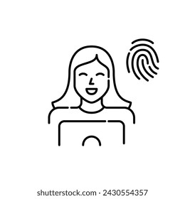 Young woman at laptop and fingerprint symbol. Pixel perfect vector icon