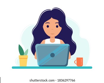 Young woman at laptop. Home office during coronavirus outbreak concept, woman works from home. Vector illustration in flat style. Stay at home