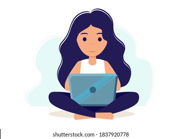 Young woman at laptop. Home office during coronavirus outbreak concept, woman works from home. Vector illustration in flat style. Stay at home