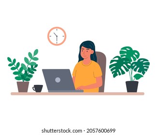 Young woman with laptop at home, studies, communicates and orders goods online, remotely works at computer. Vector illustration in flat style.