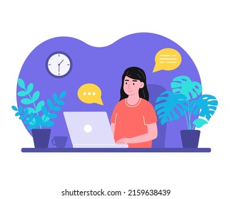 Young woman with laptop at home, studies, communicates and orders goods online, remotely works at computer. Vector illustration in flat style.