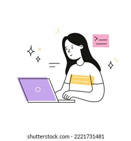 Young woman and laptop illustration  Doodle outline character computer work  home study  Female person online office  education concept  Isolated vector illustration 