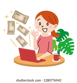 Young woman with laptop and money in great online business