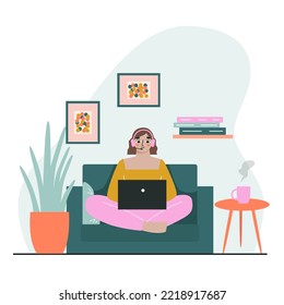 Young woman with a laptop on a chair. The concept of freelancing and remote work. Flat vector illustration