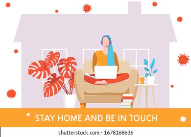 Young woman with laptop on headphones sitting on the sofa. Freelance or studying concept. Vecor illustration. flat style. coronavirus quarantine and social distancing concept. pandemic coronavirus. 
