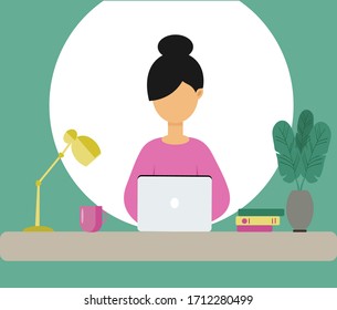Young woman with laptop, online education or working concept. Table with books, lamp, Tea cup. Vector illustration in flat style.