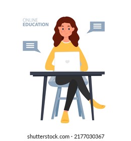 Young woman with laptop. Online education, home schooling. Video tutorial. E-learning, training and courses, learning. Vector illustration.