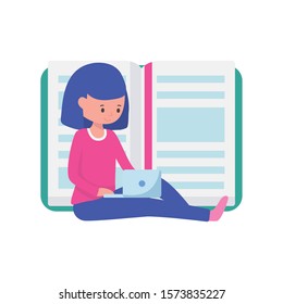 young woman with laptop open book learning online vector illustration