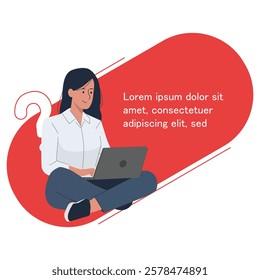 Young Woman with Laptop and Question Mark – Concept of Thinking, Curiosity, and Problem Solving Illustration Vector