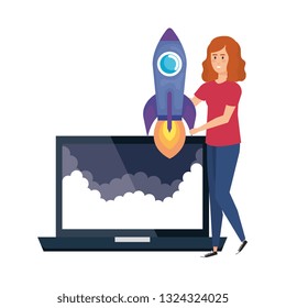 young woman with laptop and rocket