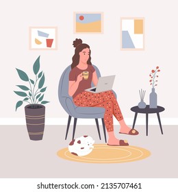 A young woman with a laptop is sitting in a chair at home. Remote work, freelance, home environment. Flat vector illustration