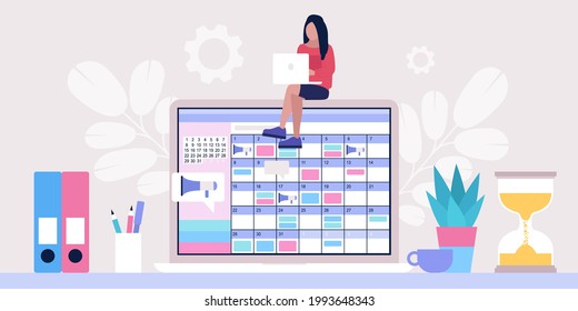 Young woman with laptop sitting at the computer. Online calendar on computer. Time management concept. Vector illustration in a flat style