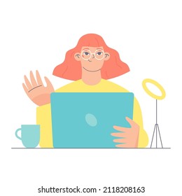 Young woman with laptop sitting at the desk and waiving her hand. Flat character vector illustration. 