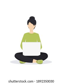 Young woman with a laptop sitting in the lotus pose, working, isolated on the white background. Vector illustration