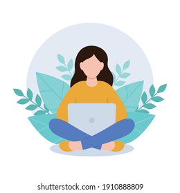 Young woman with laptop sitting in nature and leaves.Concept illustration for freelance, online studying, work from home, education. Vector illustration in flat cartoon style.