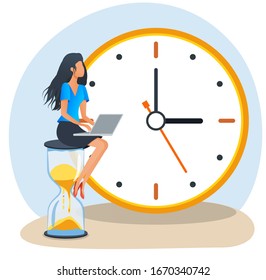 Young woman with laptop sitting on hourglass in front of huge clock icon. Time management and control concept. Planning and organization of work time. Flat vector illustration
