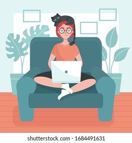 Young woman with laptop sitting on a Chair with cat on her head. Concept of freelance, telework, distance job,temporary isolation. Prevention of coronavirus. Stay at home. Flat vector illustration.