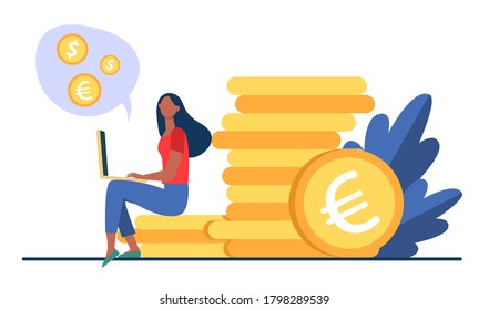 Young woman with laptop sitting on pile of gold coins. Dollar, cash, money flat vector illustration. Finance and investment concept for banner, website design or landing web page
