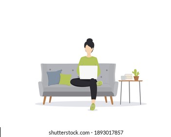 Young woman with a laptop sitting on the sofa working, isolated on the white background. Vector illustration