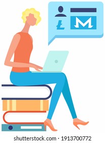 Young woman with laptop sitting on stack of books, makes online purchases, earns money mining cryptocurrency. Businesswoman freelancer working with her computer studies innovative finance projects