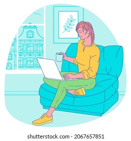 Young woman with laptop sitting on the chair. Freelance or remote studying flat design vector concept.