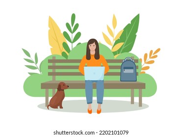 Young woman with laptop sitting on the bench in the park. Concept for freelance, working, studying, education, work from home, healthy lifestyle. Flat style. Vector illustration