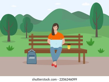 Young woman with laptop sitting on the bench in the park. Concept for freelance, working, studying, education, work from home, healthy lifestyle. Flat style. Vector illustration