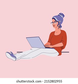 The young woman with laptop. Sitting, reading. Vector flat illustration.