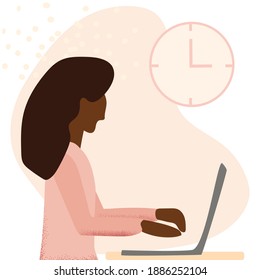 Young woman with the laptop sitting and working or studying. Freelance, programmer on laptop, home office and remote education concept
