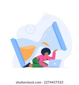 A young woman with a laptop under an hourglass. A problem with time management, deadlines, and being overworked. Vector flat illustration isolated on the white background.